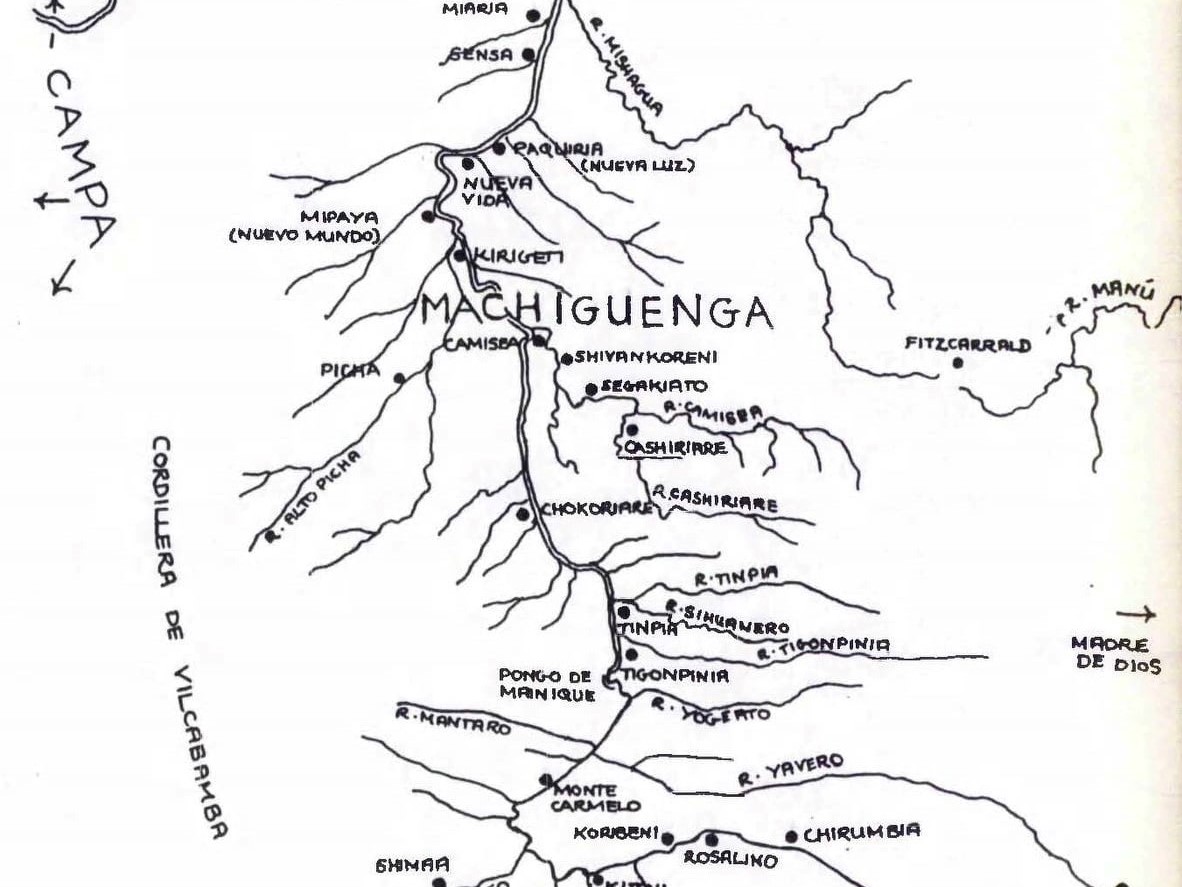 Hand-drawn map of the river system in the area where Matsigenka is spoken